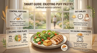 Balanced meal with puff pastry, salad, and protein showing portion control and healthy eating tips
