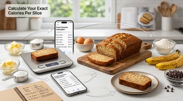 Banana bread calorie calculation using kitchen scale, ingredients, and smartphone app to track calor