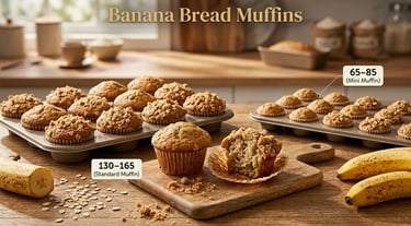 Banana bread muffins in a tray with mini muffins and crumb topping, showing portion-controlled servi
