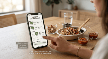 Smartphone displaying Chipotle calorie tracker with meal customization and real-time calorie updates