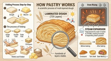 Infographic showing puff pastry layers with butter and dough, explaining laminated dough and how ste