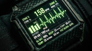 Extreme close-up of a high-tech biometric telemetry screen displaying green glowing heart rate metrics and metabolic data, low-key dramatic lighting, carbon black background