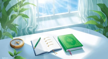 Open Quran on wooden rehal with holographic compass on green prayer rug in bright modern room with garden view