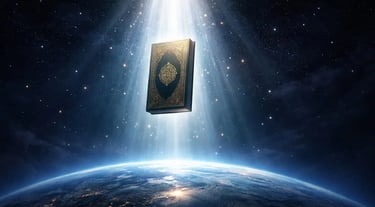 Closed Quran floating vertically in divine light above Earth symbolizing Laylat al Qadr and the revelation of the Quran.