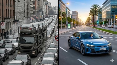 Comparaison visuelle entre la logistique lourde par camion porte-voitures et l'agilité du convoyage