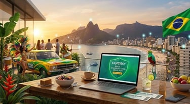 Varanda em SP com vista para Paulista, feijoada e laptop com antivírus Kaspersky Brasil