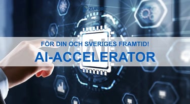 En hand pekar mot ett vitt ritat datachip med texten AI inuti mot en blå bakgrund.