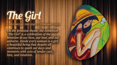 The Girl art exhibition poster featuring a colorful painting of a woman in a sun hat on wood background.