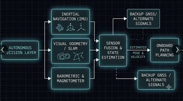 Diagram of an autonomous navigation system showing sensor fusion, SLAM, and onboard path planning architecture.