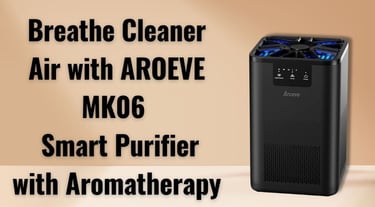 Modern AROEVE air purifier next to bed, emitting clean air and soft light