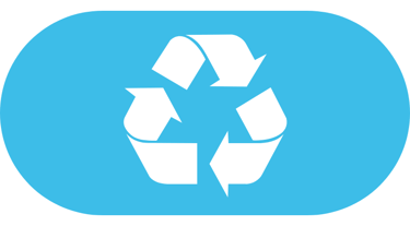 a light blue horizontal oval with a white three-arrow recycling symbol in the middle