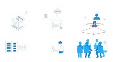 Imagine icons representing software boxes, people working on laptops, and groups of connected users