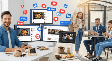 Split-screen showing a business owner on social media dashboards and customers using phones.