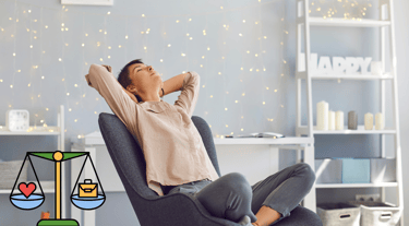 a woman relaxing on a chair with a work life balance scale by her side
