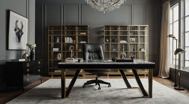 Espaço multifuncional com sofá cinza, mesa de madeira escura e elementos decorativos em dourado.
