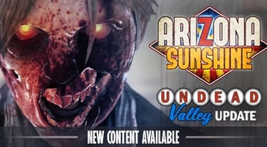 A zombie's face in the image of the zombie VR video game Arizona Sunshine