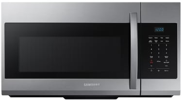 A stainless steel samsung microwave with a digital clock displaying 12:00 and touchpad controls on the right.