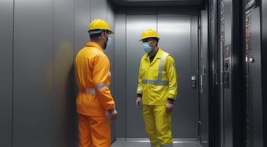 A forklift with an orange body and black details is positioned near a concrete barrier with two numbered signs. The operator inside the forklift is wearing a helmet. Nearby, a person in an orange jumpsuit and white safety helmet is standing on a paved surface. The area is bordered by grass and contains metallic railings.