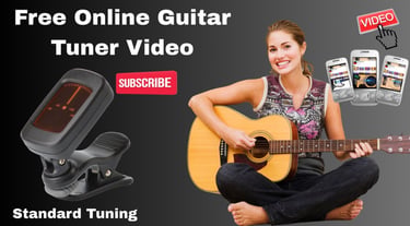 A woman playing acoustic guitar next to digital tuner for a free online guitar tuner video tutorial.