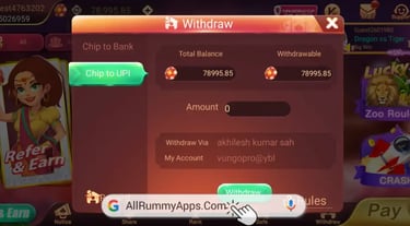 Screenshot of a Rummy app withdrawal screen showing chip to UPI options and total balance.
