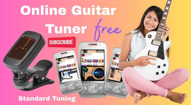 A smiling woman holding a white electric guitar next to a free online guitar tuner mobile phones.