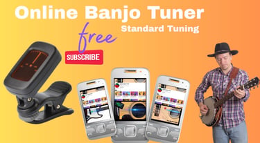 A free online banjo tuner app displayed on smartphones alongside a clip-on digital tuner and a man playing banjo.