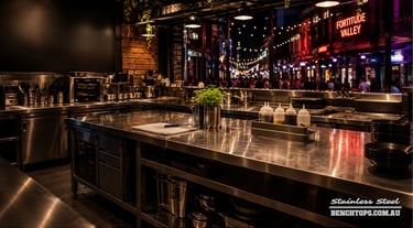 Professional restaurant prep area with a heavy-duty stainless steel bench Fortitude Valley.