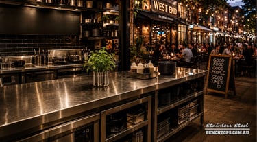 Professional restaurant prep area with a heavy-duty stainless steel bench West End.
