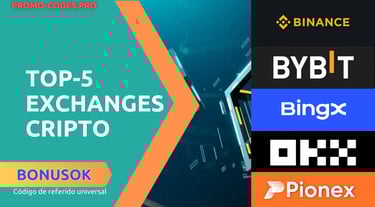 Imagen con el título «Top-5 exchanges cripto» y el código BONUSOK, con logotipos de Binance, Bybit, BingX, OKX y Pionex.