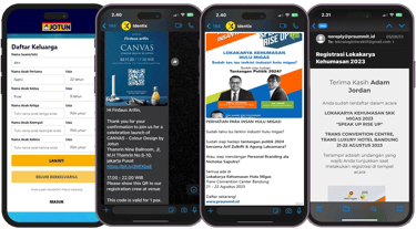 Event gamification mobile app UI features including single registration, family accounts, event agen
