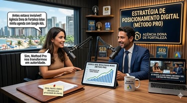 Professional podcast setup showing a lawyer and marketing expert discussing Google Ads lead growth strategies for law firms.
