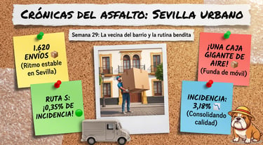 Infographic showing delivery statistics in Seville with a courier carrying a large cardboard box.