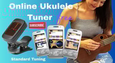 Woman using a free online ukulele tuner on a smartphone for standard tuning.