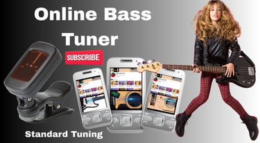 A young girl playing electric bass next to an online bass tuner app  