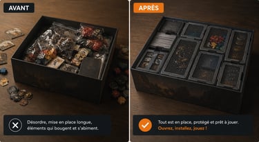 Avant après d’un rangement de jeu de société avec un insert 3D pour organiser et transporter le maté