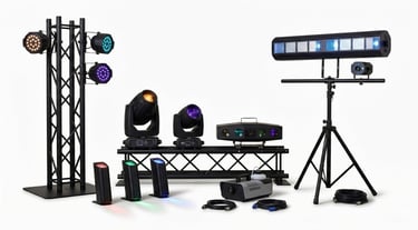 a variety of lights , trussing and fog machines