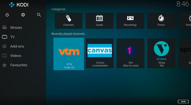 Kodi media center interface displaying TV categories and recently played channels like VTM and Canvas.