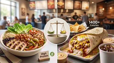 Healthy Chipotle bowl with fresh ingredients compared to high-calorie burrito with chips and sauces,