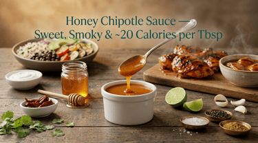 Honey chipotle sauce in a glossy jar with raw honey, chipotle peppers, and spices, served with grill