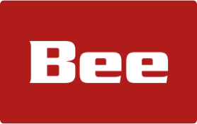 a bee logo on a red background