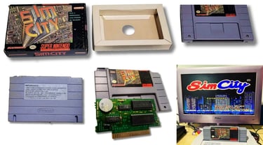 SimCity é um dos jogos lançados pela Playtronic, aqui tem a caixa, o cartucho, manual e a tela do jo
