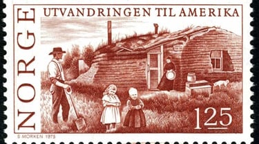 norwegian stamp with a pioneer family and a sod house