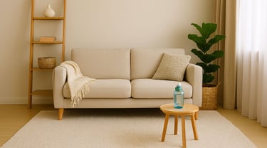 ambiente tranquilo em casa – sala com tapete e garrafinha de água)