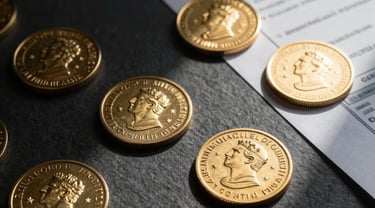 A formal, close-up study of physical trade finance documents with official gold-embossed sovereign seals on a dark slate surface, dramatic low-key lighting casting sharp shadows, highly structured architectural composition.