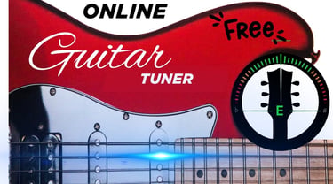Free online guitar tuner interface featuring a red electric guitar and a digital chromatic tuning meter.