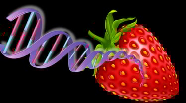Strawberry and DNA emerging in 3D style.