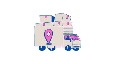 Blue and pink delivery truck carrying boxes, with a location pin icon representing logistics and tra