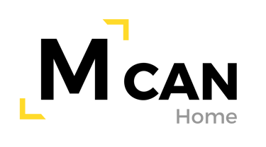 Mcan Home logo featuring yellow corner frame accents and the word Home in grey text.