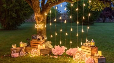 des guirlandes lumineuses suspendues à un arbre avec un coeur lumineux acrroché sur son tronc