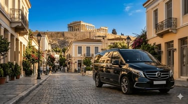 private Athens transfers Black Mercedes-Benz Vito minivan parked near Acropolis on elegant traditional street Athens GO
